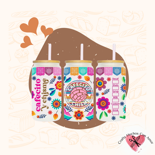 Vibrant Cafecito y Chisme Glass Tumbler